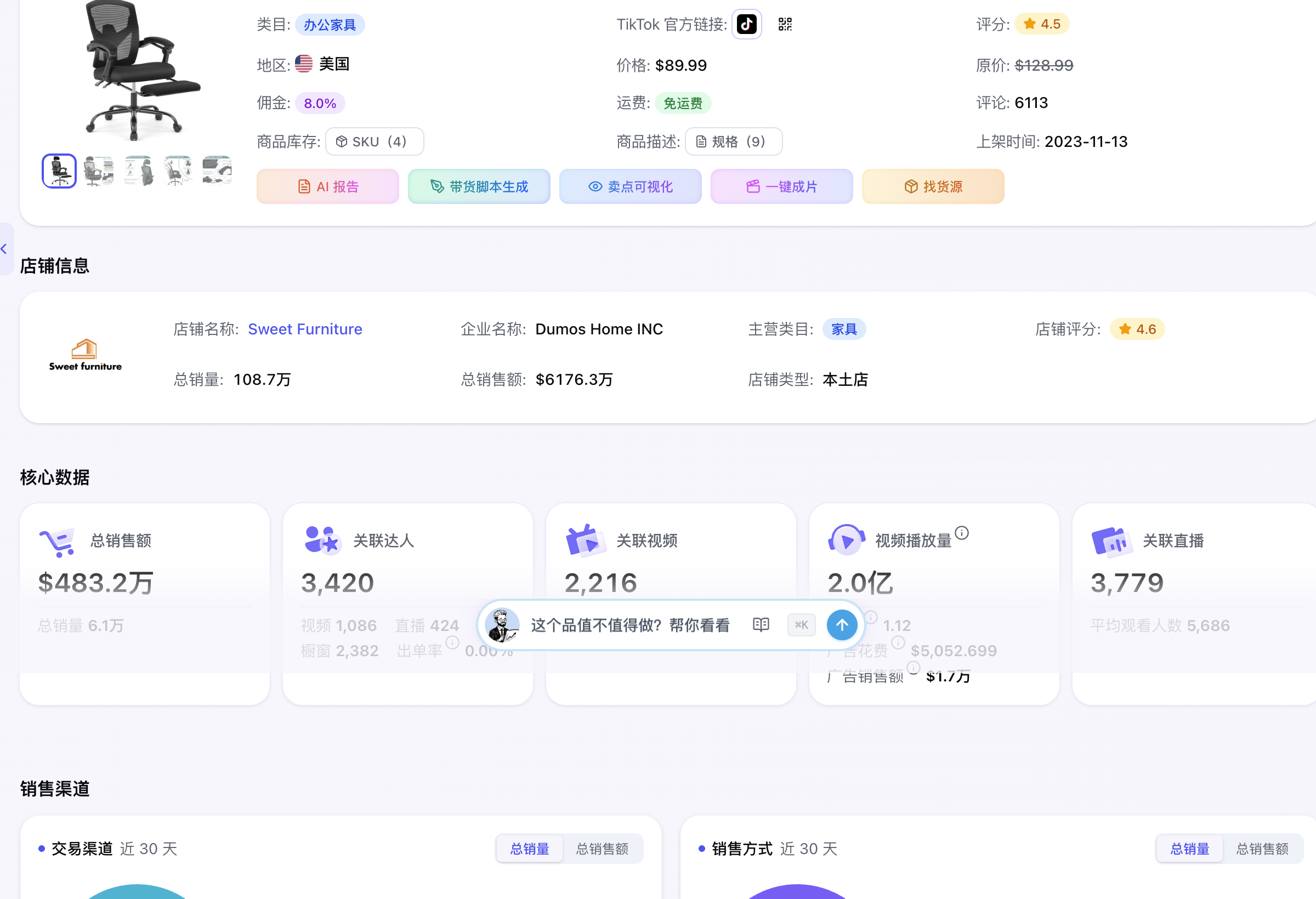Sweet Furniture 商品与核心数据证据切片